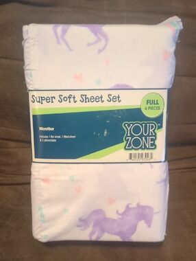 Your Zone Super Soft Full Sheet Set - Pastel Purple Unicorn Print New!